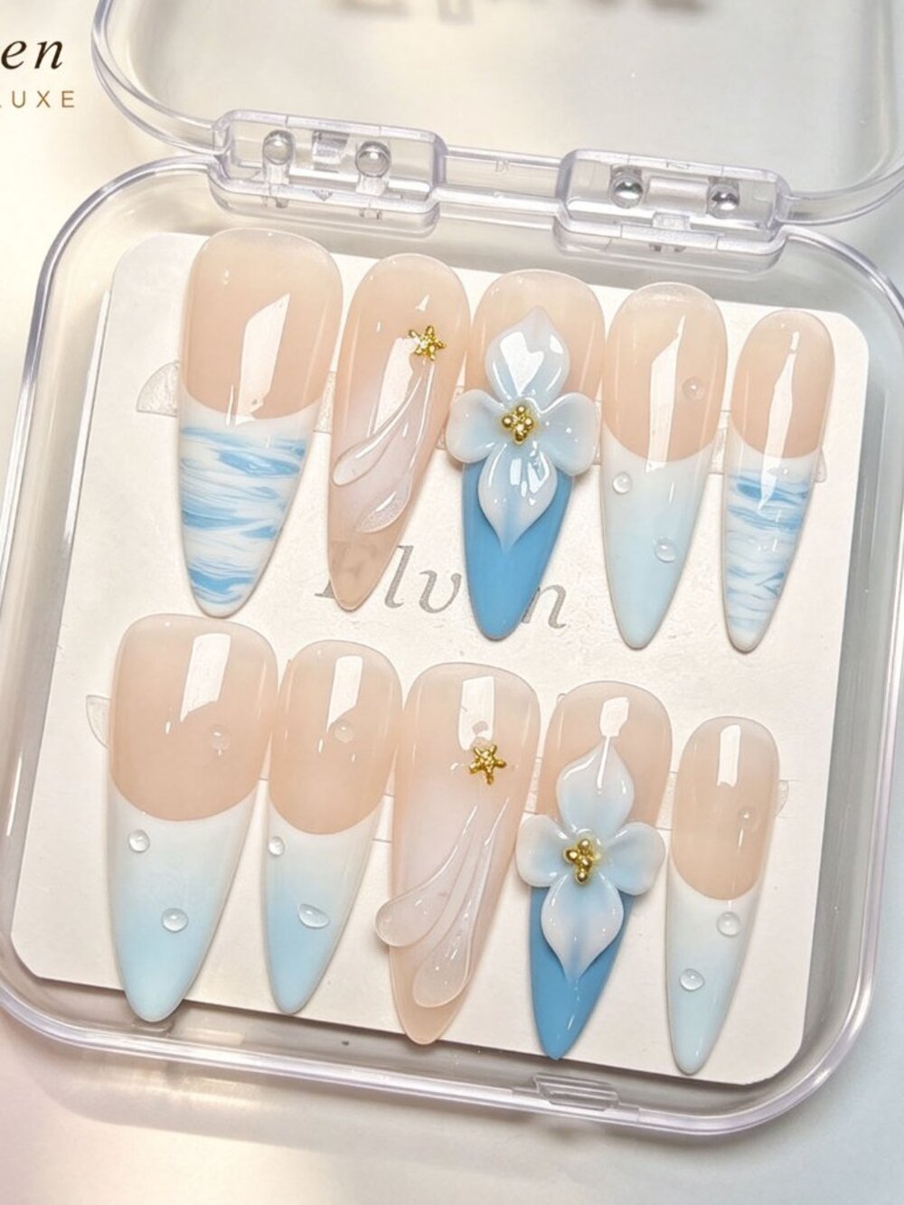 Blue and White Floral Handmade Stiletto Press On Nails Art Set